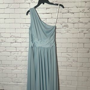 David’s Bridal One Shoulder Long Bridesmaid Formal Dress Dusty Blue Gray Size 4